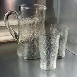 Antique Crackle pitcher and two (2) glasses